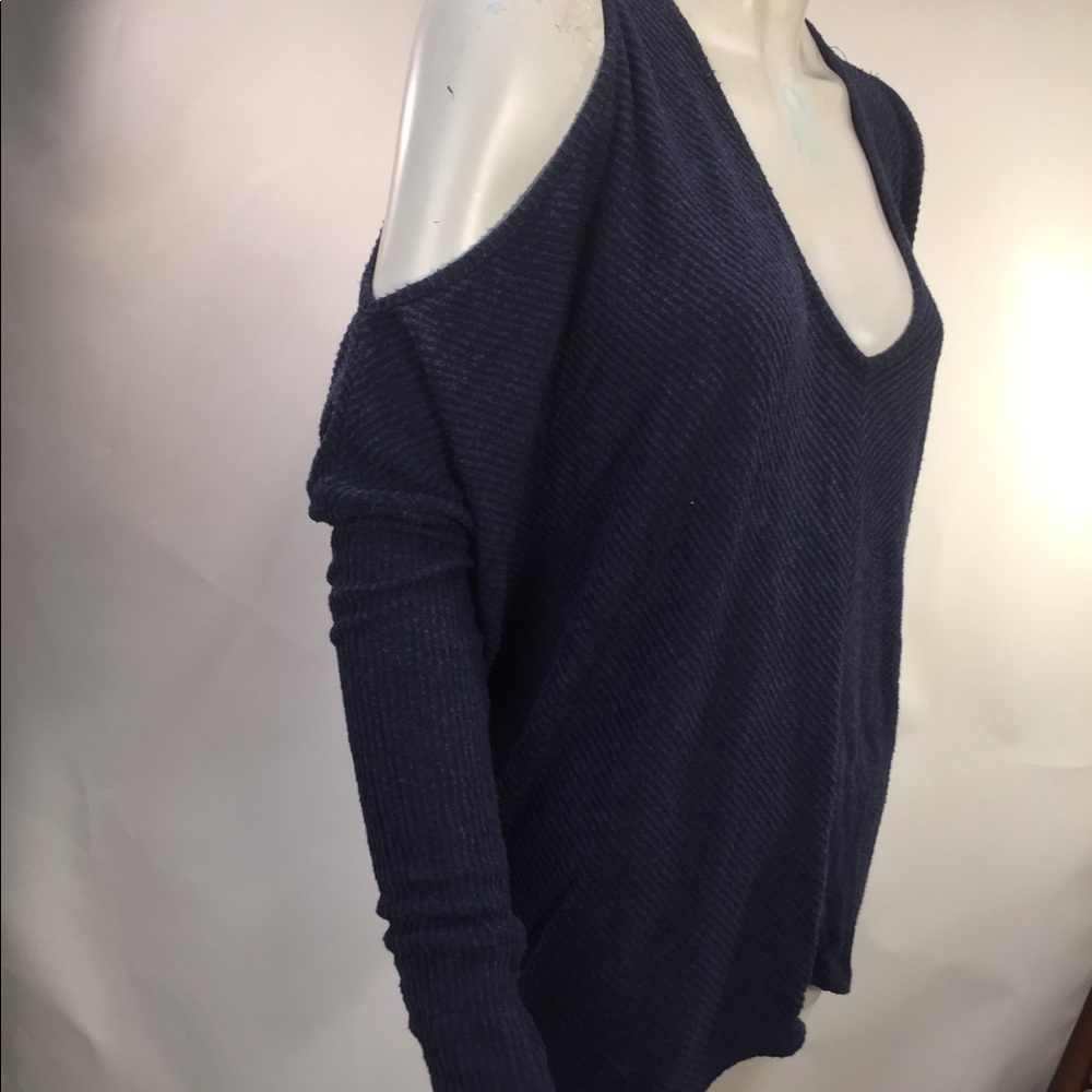 SEN Navy Blue Ribbed Knit Cold Shoulder Top ``